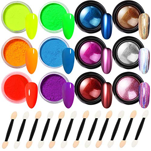 Kalolary 12 Jars Color Pigment Nail Powder Holographic Chrome Nail Powder Mirror Effect Chameleon Nail Powder Colorful Gradient Iridescent Nail Glitter for HalloweenChristmas Makeup