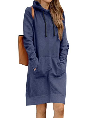 Kidsform Womens Hoodie Dress Long Sleeve Solid Hooded Pullover Long Tunic Tops with Pockets Tno Fleece Blue Small