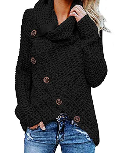 Kidsform Womens Chunky Turtle Cowl Neck Button Sweater Asymmetric Hem Wrap Pullover Sweater Coat ABlack 2XL