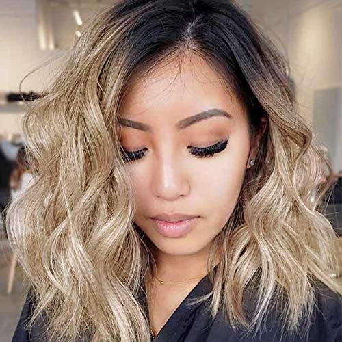 Kryssma Ombre Blonde Lace Front Wigs for Women Short Wavy Synthetic Wig Heat Resistant Ombre Bob Wig with Dark Roots