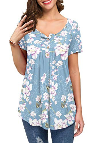KOAIZ Womens Casual Henley VNeck Button up Tunic Tops Loose Short Sleeve Blouse Shirts XXLarge FlowerLight Blue