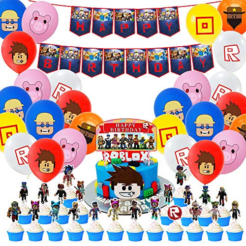 Sandbox Game Theme for Roblox Birthday Party Supplies with 23 Pcs Cake Toppers1 Birthday Banner24 Balloons