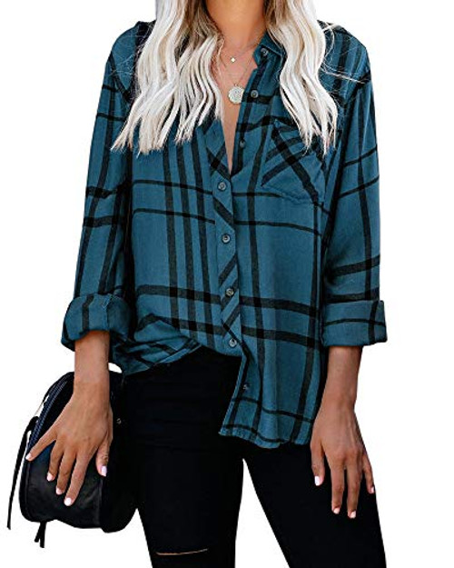 Womens Long Sleeve Plaid Shirts Collared Tops Button Down Boyfriend Casual Flannel Blouse with Pocket Blue