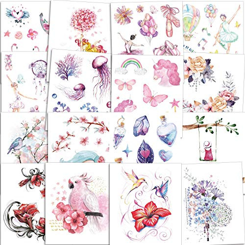 Konsait 16 Sheets Girl Temporary Tattoos Fake Waterproof Ballet Girl Flower Unicorn Butterfly Rainbow Flamingo Feather Watercolor Design Tattoo Sticker for Kids Birthday Party Favor Gift Bag Filler Konsait 16 Sheets Girl Temporary Tattoos Fake Waterproof Ballet Girl Flower Unicorn Butterfly Rainbow Flamingo Feather Watercolor Design Tattoo Sticker for Kids Birthday Party Favor Gift Bag Filler