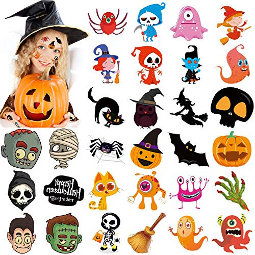 Konsait 30 Designs Halloween Tattoos for Kids Halloween Trick or Treat Ghost Monster Skeletons Pumpkin Temporary Tattoo Halloween Party Favors Party Bags Fillers
