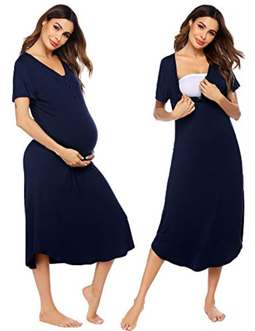 Ekouaer Ultra Soft Maternity Nursing Nightgown Short Sleeve Sleep Dress Breastfeeding Loungewear Navy Blue XL