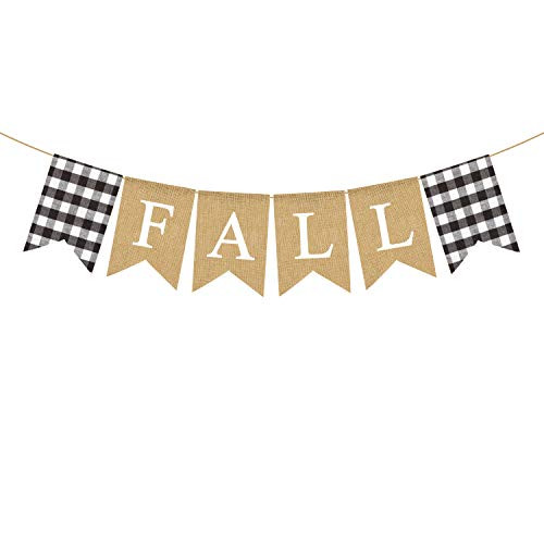 Rainlemon Burlap Fall Banner Buffalo Check Plaid Rustic Thanksgiving Farmhouse Mantle Fireplace Garland Decoration