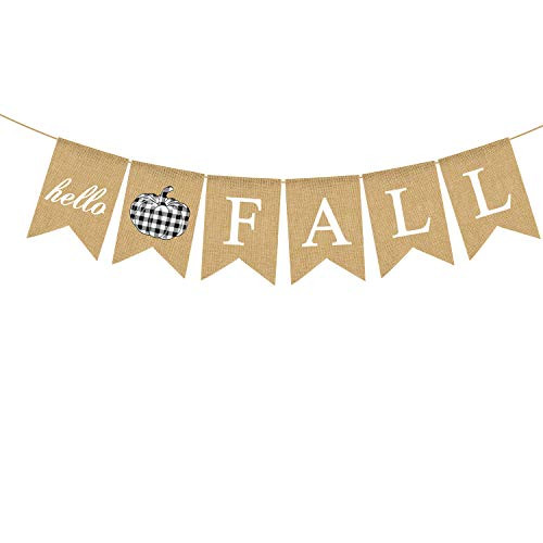 Rainlemon Burlap Hello Fall Banner Buffalo Check Plaid Pumpkin Thanksgiving Farmhouse Mantle Fireplace Garland Decoration