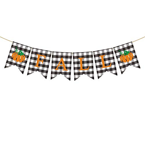 Rainlemon Fall Banner Buffalo Check Plaid Pumpkin Felt Rustic Thanksgiving Farmhouse Mantle Fireplace Garland Decoration