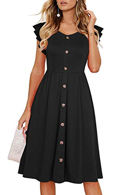 Lamilus Summer DressWomens Casual DressVintage VNeck Ruffle Sleeve Solid Button Down Midi Skater ALine DressMBlack L026