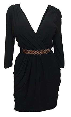 eVogues Plus Size Deep VNeck Wrap Bodice Long Sleeve Dress Black  3X