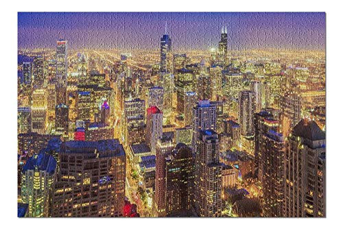 Chicago Illinois  Aerial View of the Skyline at Night 9022985 Premium 1000 Piece Jigsaw Puzzle for Adults 19x27 Made in USA!