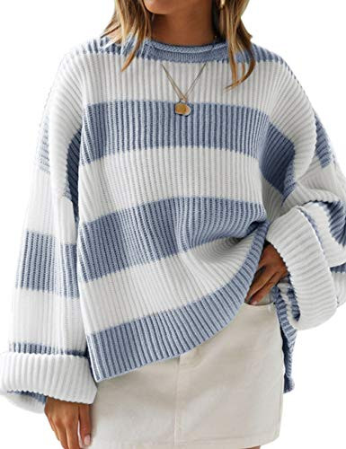 LEANI Women Color Block Striped Oversized Sweaters Long Sleeve Crewneck Pullover Loose Chunky Knit Jumper Light Blue Small