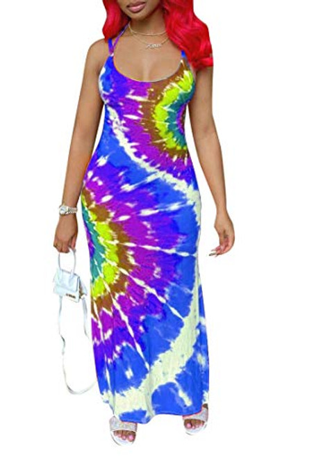 Ophestin Women Casual Sleeveless Strap Spiral Tie Dye Print Bodycon Summer Beach Split Long Maxi Party Dress Blue XXXL