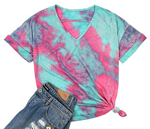 LUKYCILD Women Tie Dye Print Shirt V Neck Short Sleeve Gradient TShirt Summer Casual Rainbow Graphic Tee Tops