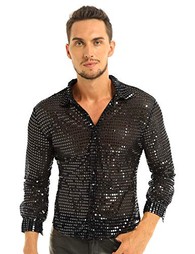 inlzdz Mens Shiny Sequins Dress Shirt Long Sleeve Button Down 70s Disco Party Fever Tops Costume Black Medium