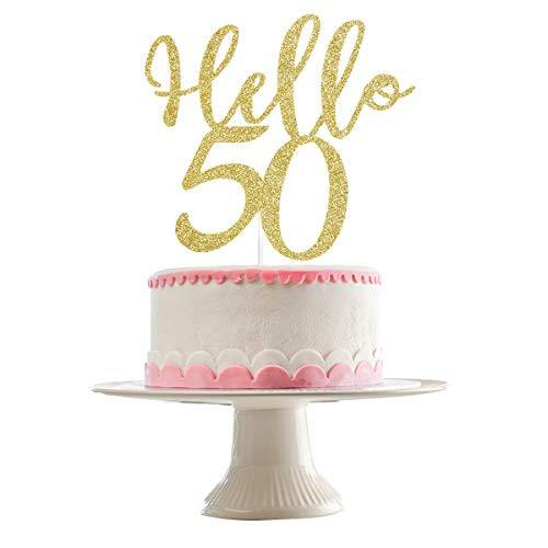 Gold Glittery Hello 50 Cake Topper 50th Birthday Party Decorations50th Anniversary Party Cake DecorBirthday Cake Decor?Double Sided Glitter?