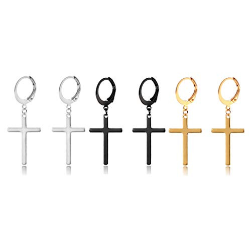 Cross Dangle Hoops Earrings Set of 3 Stainless Steel Pierced Mens Women Religious Cross Hinged Huggie Earrings with Snap Closure 3 Pairs for Christmas Easter Present