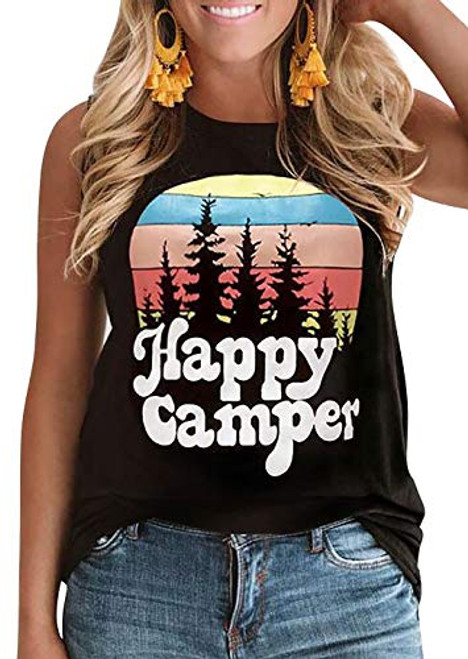Happy Camper Tank Tops for Women Letter Print Sleeveless TShirt Hiking Mountain Shirt Funny Graphic Tees Blouse Vest Black M