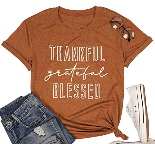 Grateful Thankful Blessed TShirt Thanksgiving Letter Print Tee Womens Casual Short Sleeve Tee Tops Orange