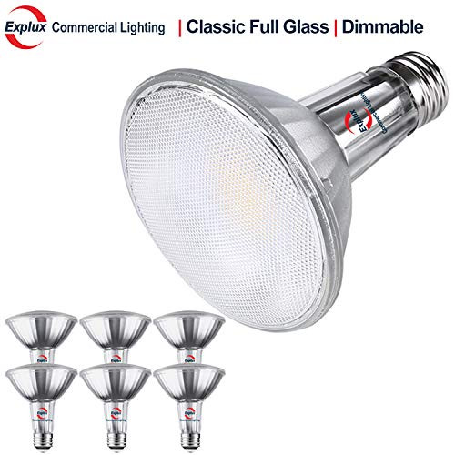 Explux Classic Full Glass LED PAR30 Long Neck Flood Light Bulbs Dimmable 75W Equivalent 900 Lumens IndoorOutdoor 2700K Soft White 6Pack