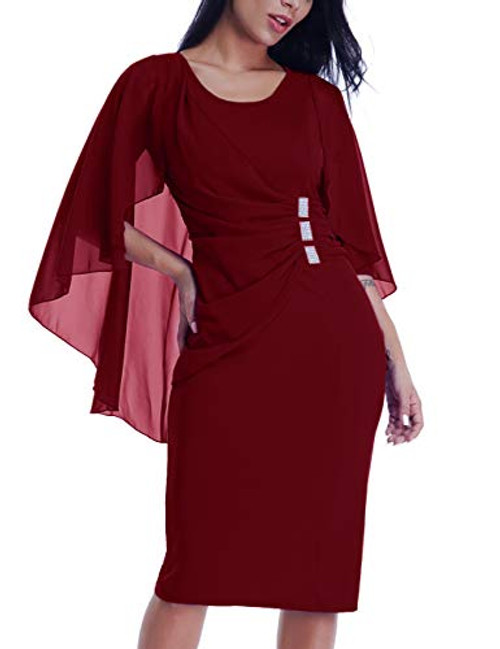 LALAGEN Womens Chiffon Plus Size Ruffle Flattering Cape Sleeve Bodycon Party Pencil Dress Red XXXL