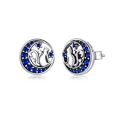 Presentski Cat Stud Earrings 925 Sterling Silver Cute Animal Blue Cubic Zirconia Moon Star Kitty Earring Studs for Girls Women