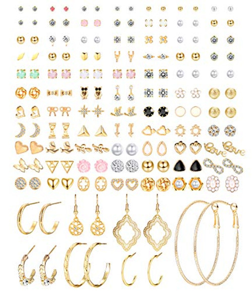 SAILIMUE 84 Pairs Assorted Multiple Stud Earrings Hoop Set Dangle Cute Hypoallergenic Earrings CZ Bow Butterfly Flower Leaf Ball Simple Drop Earrings Stud for Women Pack