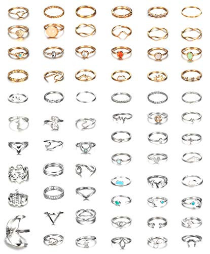 sailimue 68Pcs Silver Knuckle Rings Set for Women Girls Moon Star Stackable Rings Finger Midi Bohemian Vintage Knuckle Rings Jewelry