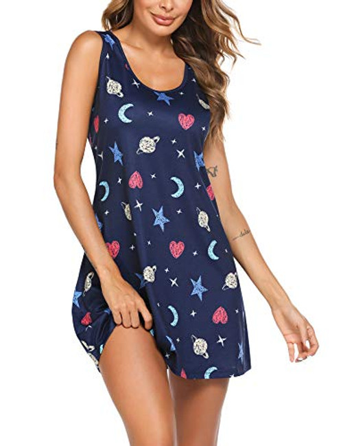 Ekouaer Women Cotton Nightgown Sleepwear Sleeveless Sleep Shirt Casual Print Sleepdress