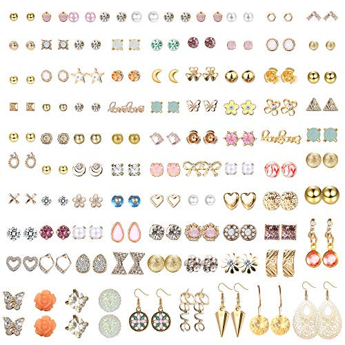 LOYALLOOK 90 Pairs Small Assorted Multiple Simple Cute Boho Stud Earrings Set Flower Moon Star Heart Geometric butterflies CZ Ball Faux Pearl Sunflower Studs Hoop Dangle Earrings Set for Women