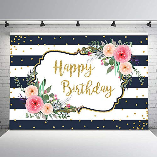 Avezano Happy Birthday Backdrop Watercolor Floral Gold Dots Birthday Photography Background 7x5ft Flowers Stripes Birthday Party Decorations Backdrops for Adults