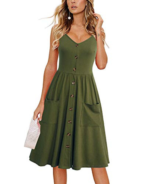 Lyrur Womens Sundresses Flattering Aline Spaghetti Straps Beach Summer Casual Dresses with PocketsS 9075Army Green Lyrur Womens Sundresses Flattering Aline Spaghetti Straps Beach Summer Casual Dresses with PocketsS 9075Army Green