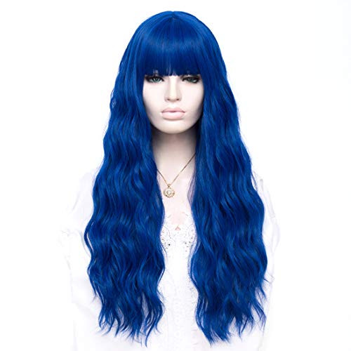 Max Beauty 2756 Long Curly Wave Lolita Wig with Bangs for Women Girl Daily Wig Cosplay Halloween Wig  Free Cap Blue