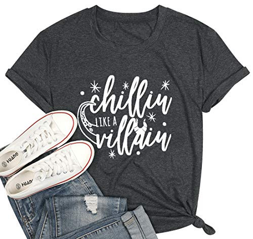 Chillin Like a Villain Shirt Women Maleficent Shirt Letters Print Short Sleeve Holiday Halloween Tee Tops Grey XL