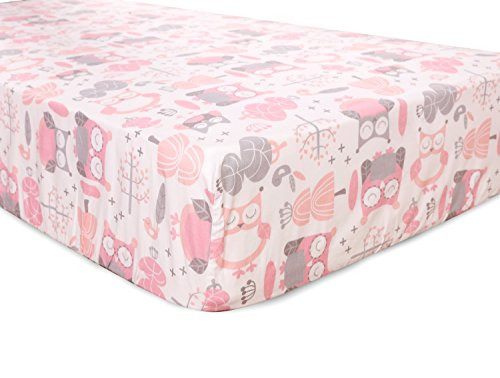 Levtex Home Baby Night Owl Collection Print Fitted Crib Sheet, Pink/Grey