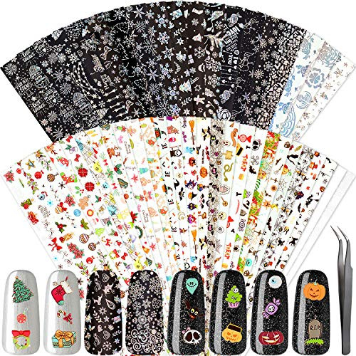 50 Sheets Halloween Christmas Nail Art Stickers Transfer Foil Nail Wrap Snowflake Pumpkin Transfer Nail Foil Decals Nail Art DIY Decoration Kit with Tweezer for Nail Art Salon or Home Use 50 Sheets Halloween Christmas Nail Art Stickers Transfer Foil Nail Wrap Snowflake Pumpkin Transfer Nail Foil Decals Nail Art DIY Decoration Kit with Tweezer for Nail Art Salon or Home Use