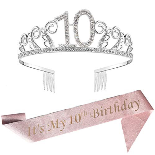 10th Birthday Silver Tiara and Sash Pink Glitter Satin Sash and Crystal Rhinestone Tiara Crown for Happy 10th Birthday Party Supplies Favors Decorations 10th Birthday Party Accessories