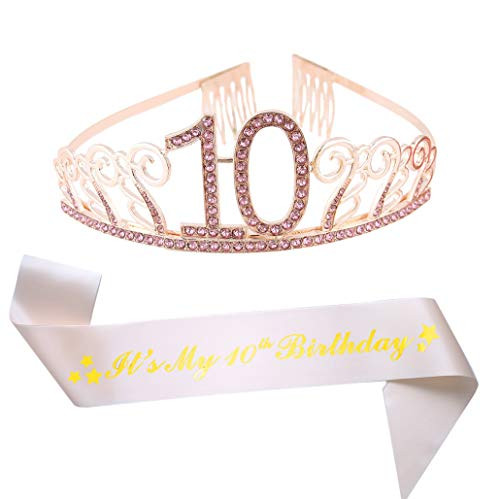 10th Birthday Pink Tiara and Pink Sash Glitter Satin Sash and Crystal Rhinestone Tiara Crown for Happy 10th Birthday Party Supplies Favors Decorations 10th Birthday Party Accessories