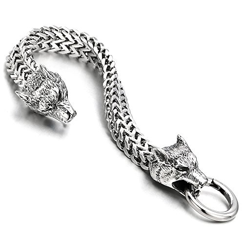 COOLSTEELANDBEYOND Biker Mens Stainless Steel Wolf Head Franco Link Curb Chain Bracelet with Spring Ring Clasp 87 Inch COOLSTEELANDBEYOND Biker Mens Stainless Steel Wolf Head Franco Link Curb Chain Bracelet with Spring Ring Clasp 87 Inch