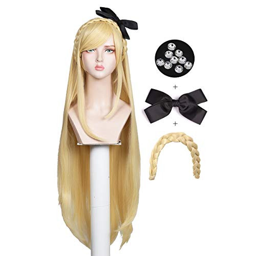 FantaLook Long Blonde Wig with Braid and Black Bow for Halloween