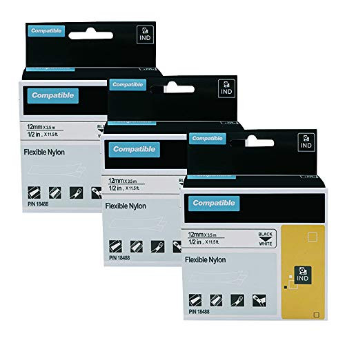 MarkDomain Compatible Industrial Label Tapes Replacement DYMO 18488 Flexible Nylon Label Tapes for DYMO Industrial Rhino Pro 4200 5200 5000 6000 Label Maker Black on White 12 x 115 3Pack