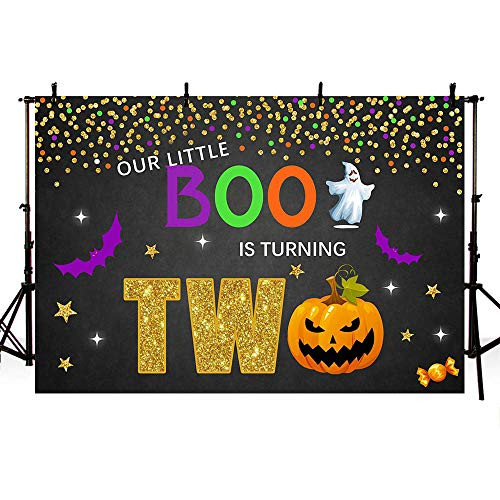 MEHOFOND Little Boo Two Birthday Party Photo Background Banner Confetti Halloween Costume Happy 2nd Birthday Black Gold Purple Dots Pumpkin Backdrops Props for Cake Table Supplies 7x5ft