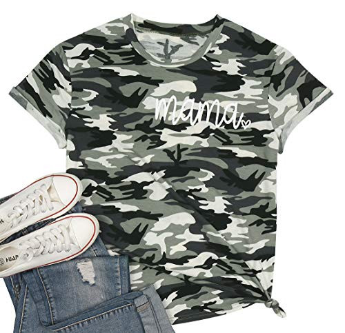 MYHALF Mama Letter Printed TShirt Womens Camouflage Print Shirt Short Sleeve ONeck Casual Tee Tops