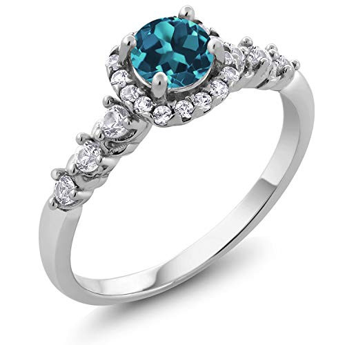 Gem Stone King 925 Sterling Silver Round London Blue Topaz and White Created Sapphire Womens Engagement Ring 097 Cttw Size 6