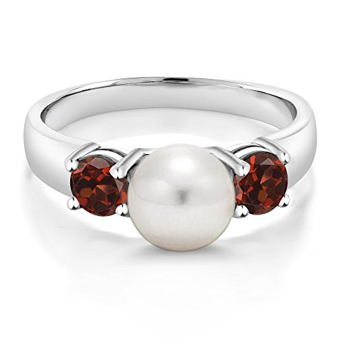 Gem Stone King 925 Sterling Silver Red Garnet and Freshwater Pearl 3Stone Womens Ring 080 Ct Round Size 7