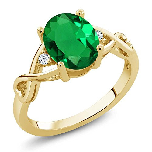 Gem Stone King Green Simulated Emerald and White Topaz 18K Yellow Gold Plated Silver Women Ring 155 Ct Oval Size 7