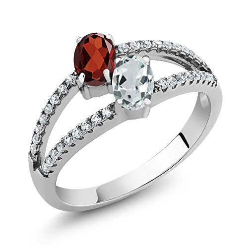 Gem Stone King 925 Sterling Silver Red Garnet and Sky Blue Aquamarine 2 Stone Ring 134 Ct Oval Gemstone Birthstone Size 8
