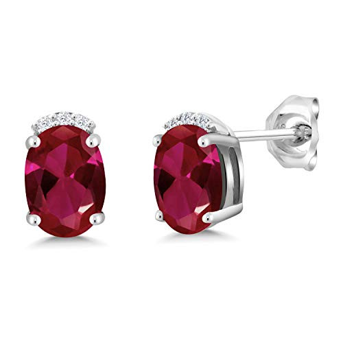 Gem Stone King 925 Sterling Silver Red Created Ruby and White Lab Grown Diamond Earrings Jewelry For Women 206 Ct Oval 7X5MM