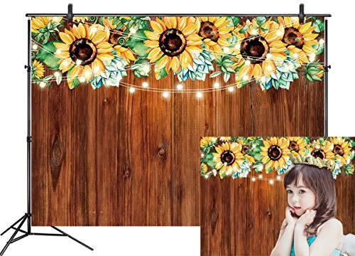 LB 7x5ft Sunflower Backdrop Flower on Rustic Wood Plank Photography Backdrops Vintage Brown Wood Background for Kids Birthday Baby Shower Party Photo Booth Studio Props